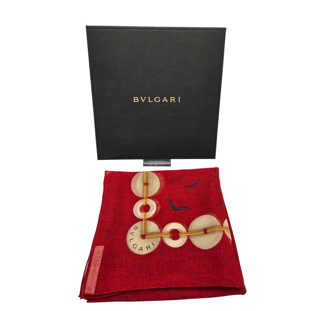 Bvlgari Red Silk Scarf Made in Italy Geometric Chain Print Square 34in with Box